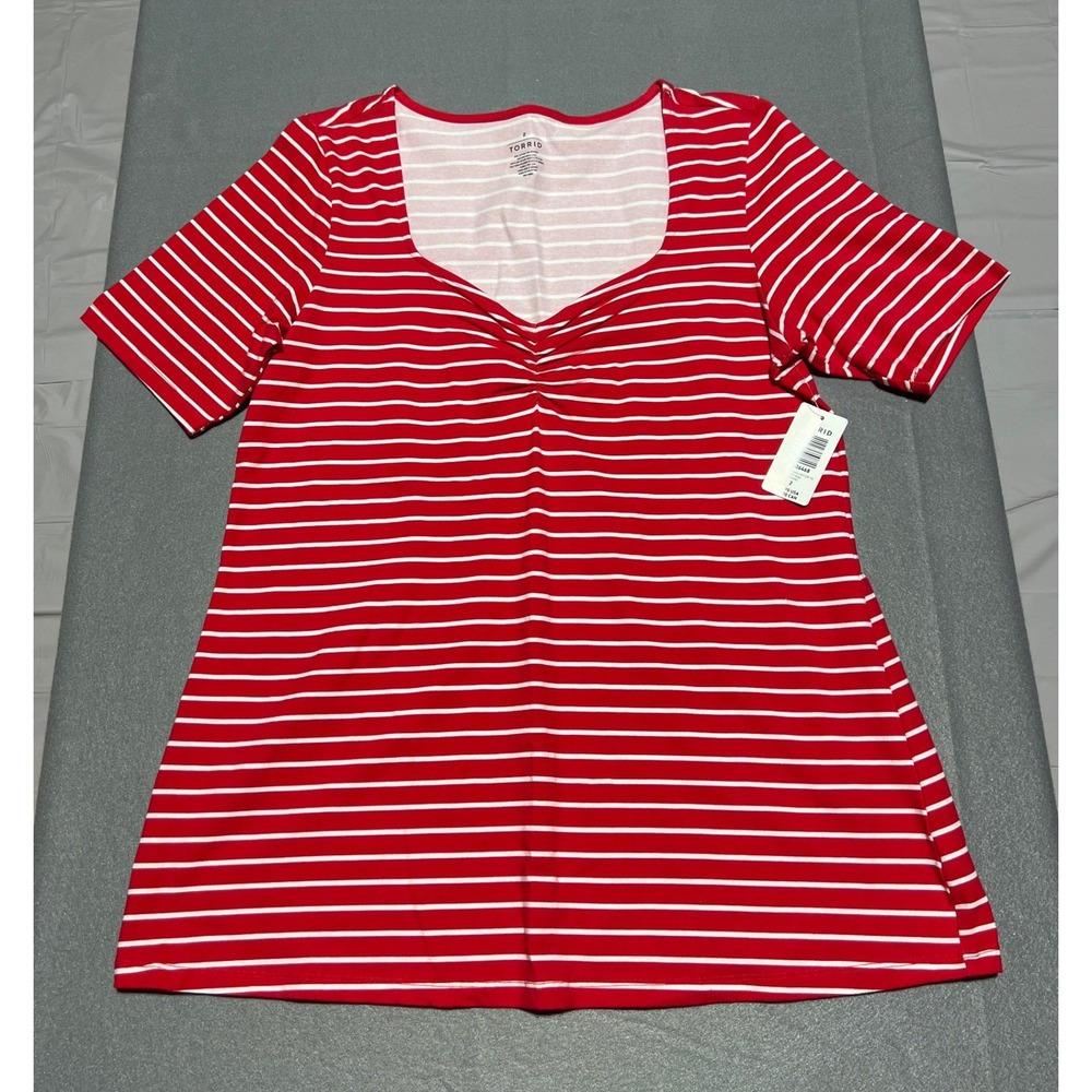 Torrid Womens Ruby Red White Striped Cinched Front Foxy Tee Plus Size 2 NEW